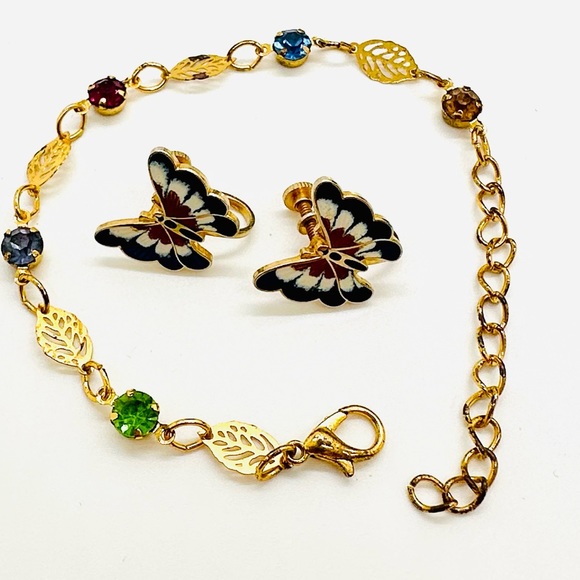 Vintage Butterfly Earrings & Rhinestone Bracelet - Picture 1 of 10